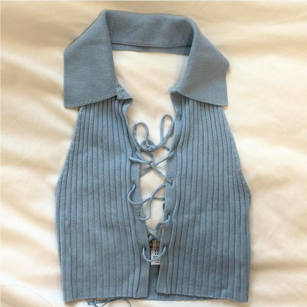 Urban Outfitters Blue Ribbed Lace-Up Crop Top
